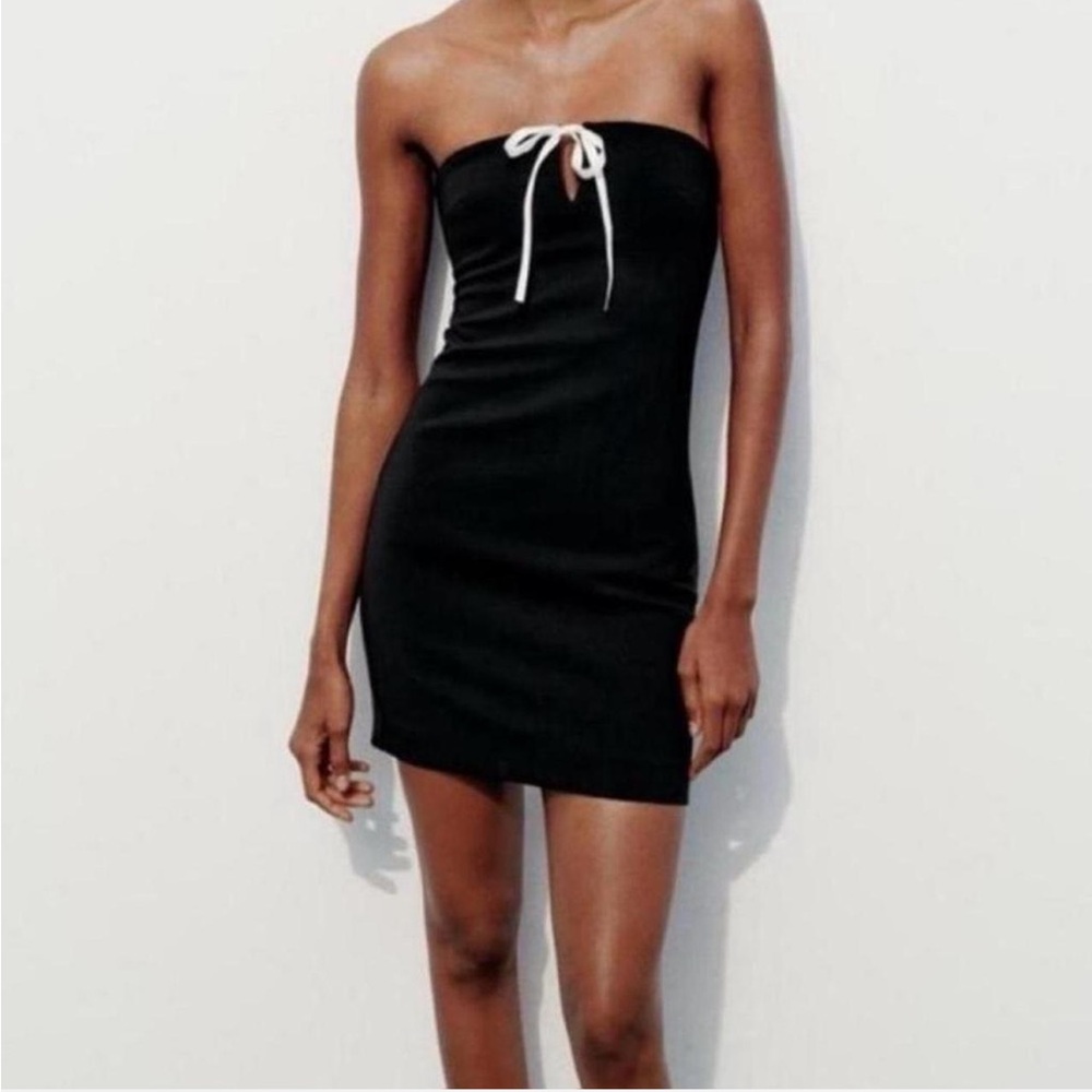 Zara Black Strapless Mini Dress with White Bow Detail